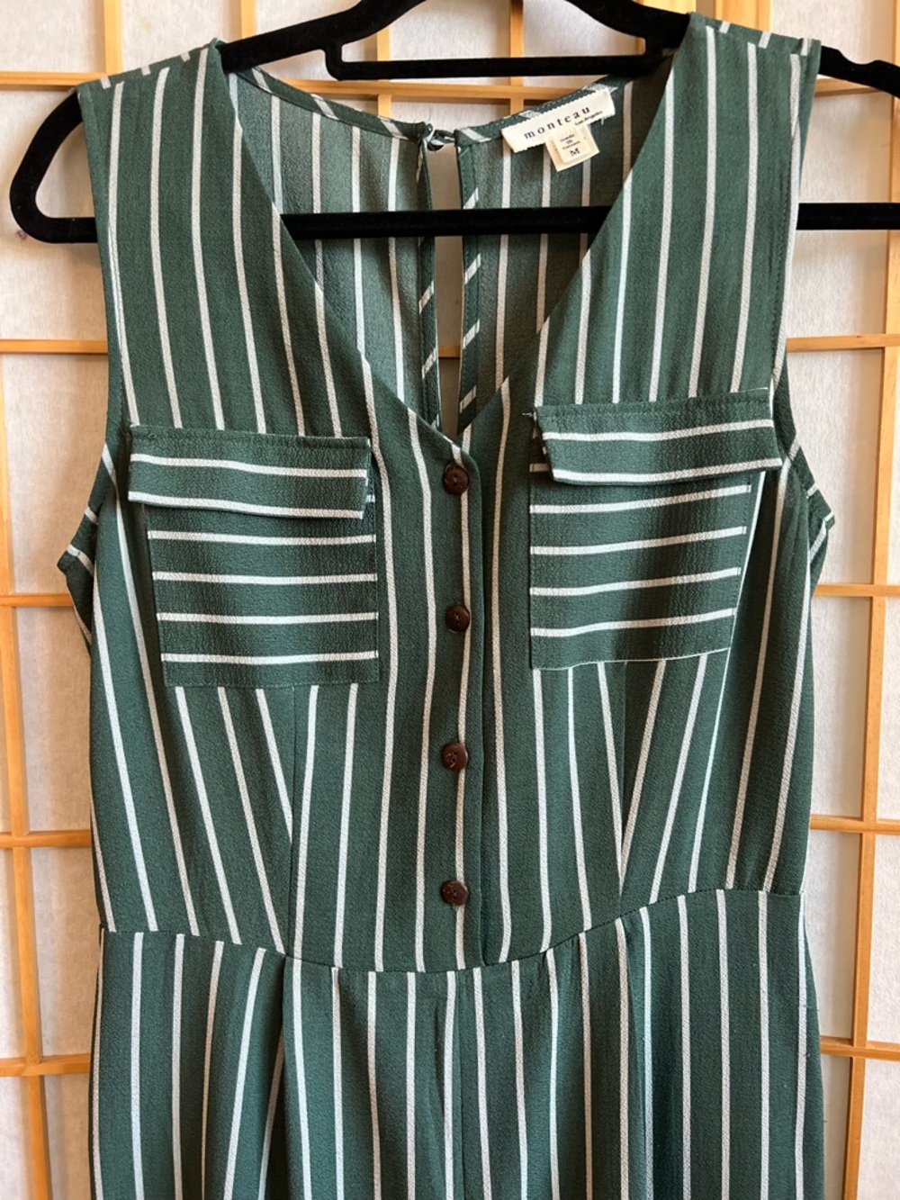 Monteau Green Striped Jumpsuit Medium Sleeveless Wide Leg Button Front Pockets - Picture 2 of 13